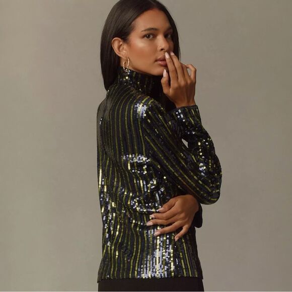 NWT Anthropologie Maeve Stripe Sequin Turtleneck Blouse Size Small - Picture 1 of 4